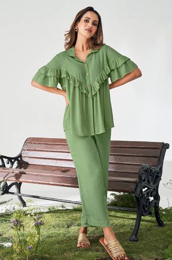 Olive green ruffle top and pants co-ord set