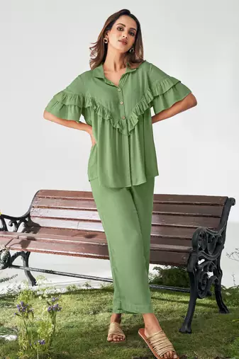 Olive green ruffle top and pants co-ord set