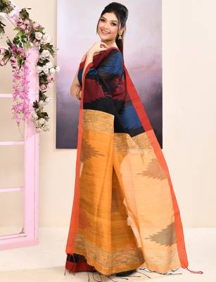 Women's black temple border embellished cotton blend jamdani saree 2