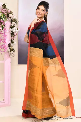 Women's black temple border embellished cotton blend jamdani saree
