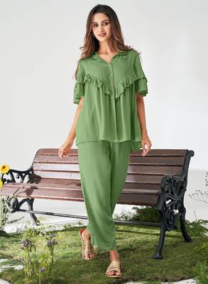 Olive green ruffle top and pants co-ord set 2
