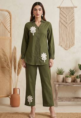 Dark green pure cotton embroidered butta straight co-ord set 1