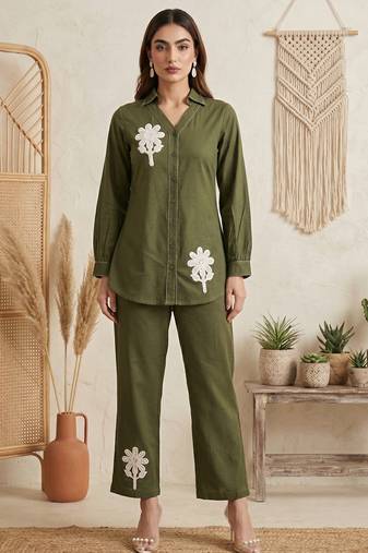 Dark green pure cotton embroidered butta straight co-ord set