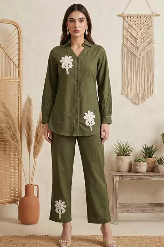 Dark green pure cotton embroidered butta straight co-ord set