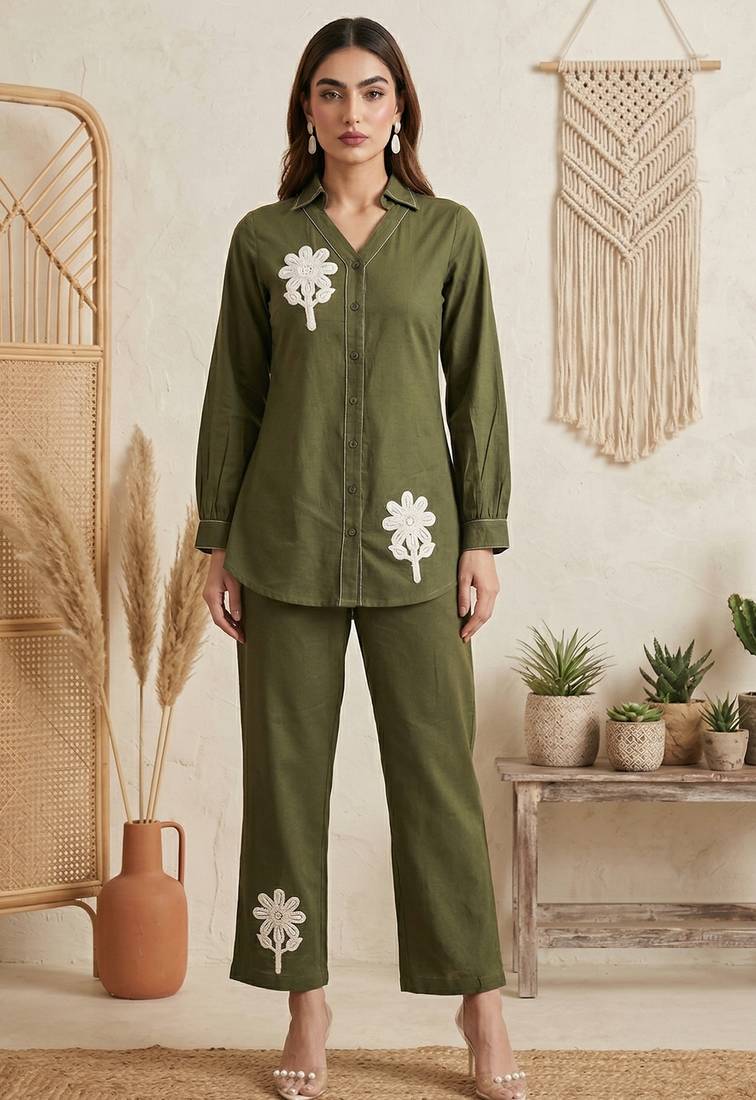 Dark green pure cotton embroidered butta straight co-ord set