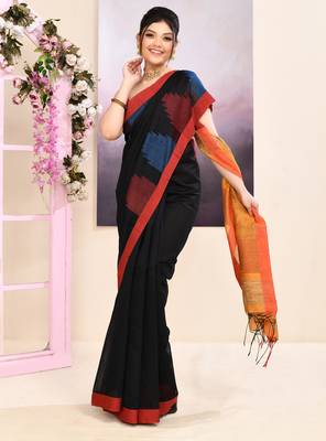 Women's black temple border embellished cotton blend jamdani saree 3