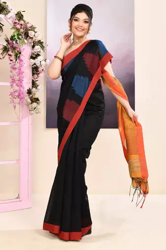 Women's black temple border embellished cotton blend jamdani saree