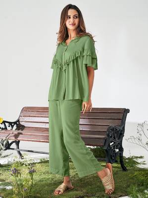 Olive green ruffle top and pants co-ord set 3