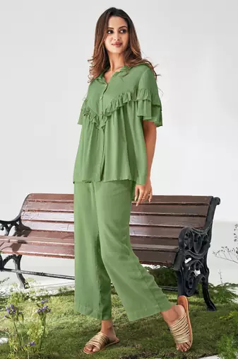 Olive green ruffle top and pants co-ord set