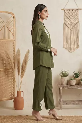 Dark green pure cotton embroidered butta straight co-ord set