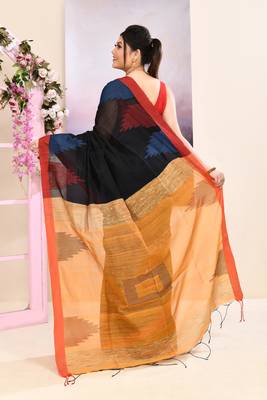 Women's black temple border embellished cotton blend jamdani saree 4