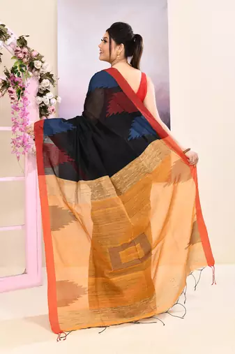 Women's black temple border embellished cotton blend jamdani saree
