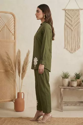 Dark green pure cotton embroidered butta straight co-ord set