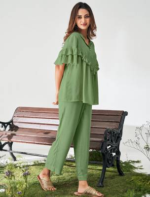 Olive green ruffle top and pants co-ord set 4