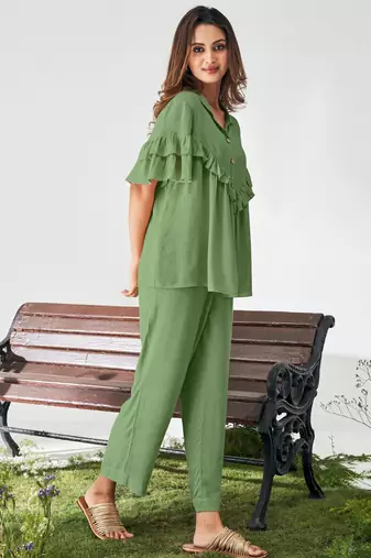 Olive green ruffle top and pants co-ord set