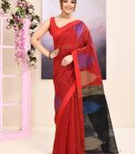 Women's maroon temple border embellished cotton blend jamdani saree