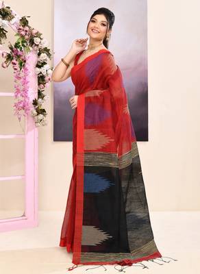 Women's maroon temple border embellished cotton blend jamdani saree 2