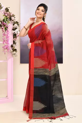 Women's maroon temple border embellished cotton blend jamdani saree