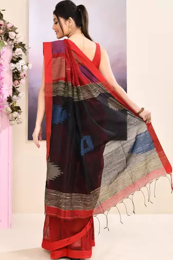 Women's maroon temple border embellished cotton blend jamdani saree