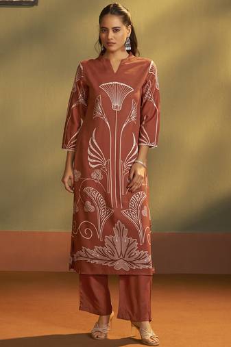 Rust viscose rayon printed straight co-ord set