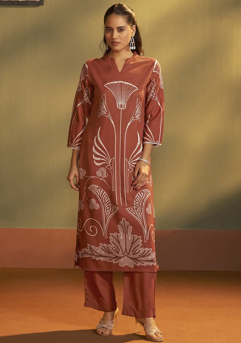 Rust viscose rayon printed straight co-ord set