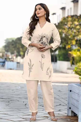 Cream cotton blend printed co-ord set