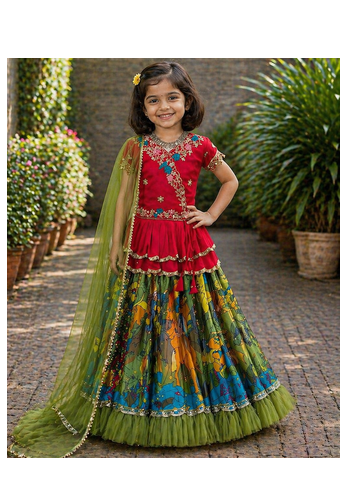 Trendy Georgette Kediya Style Embroidery And Digital Printed Green Readymade Lehenga Choli 1
