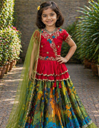 Trendy Georgette Kediya Style Embroidery And Digital Printed Green Readymade Lehenga Choli