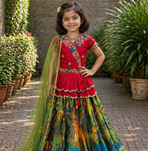 Trendy Georgette Kediya Style Embroidery And Digital Printed Green Readymade Lehenga Choli