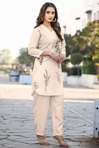 Cream cotton blend printed co-ord set