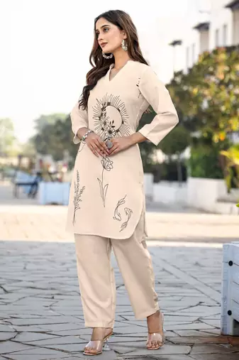 Cream cotton blend printed co-ord set