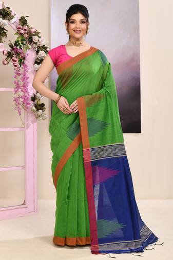 Women's green temple border embellished cotton blend jamdani saree