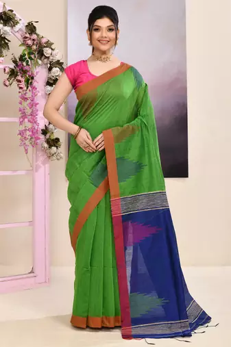 Women's green temple border embellished cotton blend jamdani saree