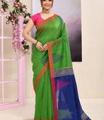 Women's green temple border embellished cotton blend jamdani saree