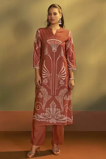 Rust viscose rayon printed straight co-ord set