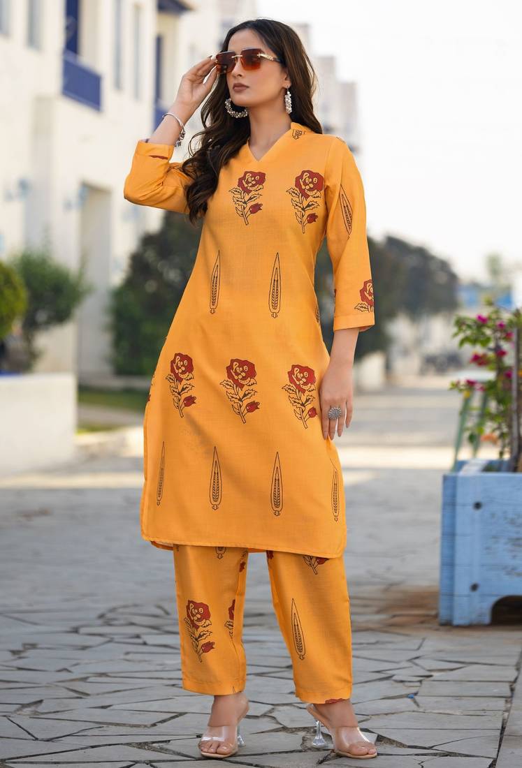 Orange cotton blend printed co-ord set