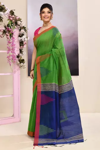 Women's green temple border embellished cotton blend jamdani saree