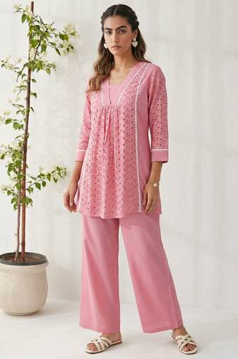 Pink pure cotton schiffli embroidered fit & flare co-ord set