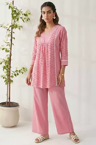 Pink pure cotton schiffli embroidered fit & flare co-ord set