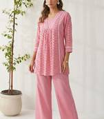 Pink pure cotton schiffli embroidered fit & flare co-ord set
