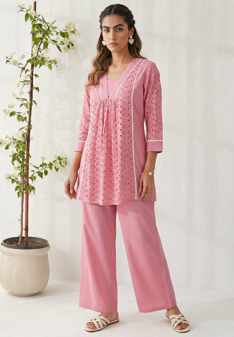 Pink pure cotton schiffli embroidered fit & flare co-ord set