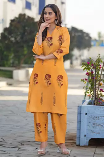Orange cotton blend printed co-ord set