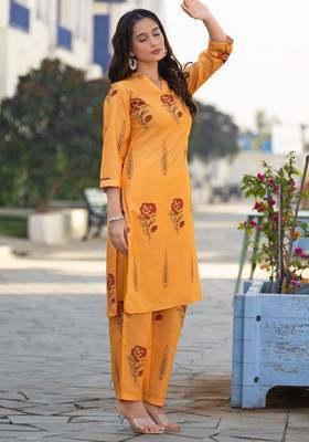 Orange cotton blend printed co-ord set 3