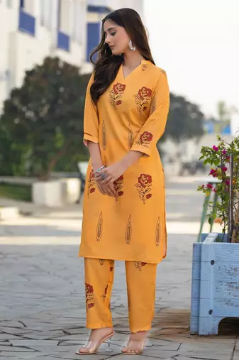 Orange cotton blend printed co-ord set