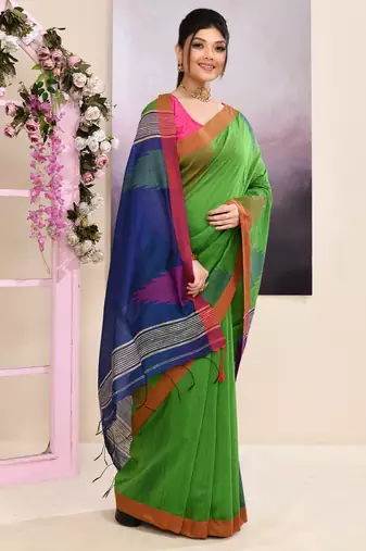 Women's green temple border embellished cotton blend jamdani saree