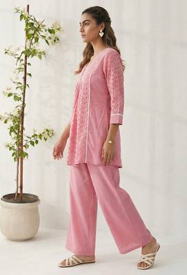 Pink pure cotton schiffli embroidered fit & flare co-ord set 2