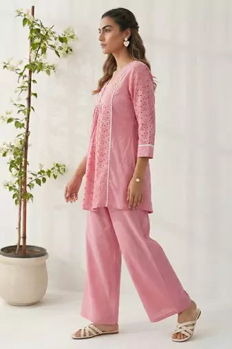 Pink pure cotton schiffli embroidered fit & flare co-ord set