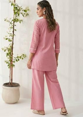 Pink pure cotton schiffli embroidered fit & flare co-ord set 3