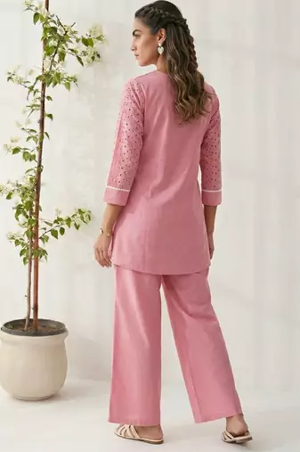 Pink pure cotton schiffli embroidered fit & flare co-ord set
