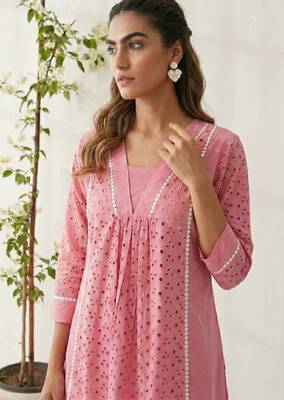 Pink pure cotton schiffli embroidered fit & flare co-ord set 4